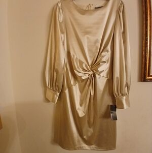 Donna Ricco Satin Cream Long Sleeve Dress